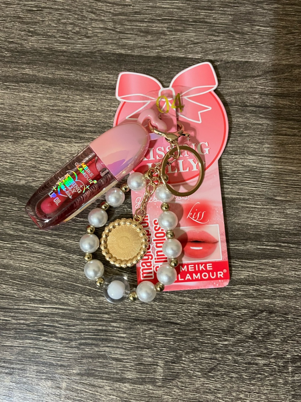 Pink Lip Oil Keychain with Pearl Charm